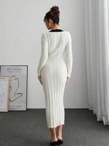 SHEIN Frenchy Women Colorblock Fuzzy Long Sleeve Fitted Elegant Sweater Dress Winter - Black and White - View 2