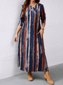 Plus Size V-Neck Button Front Color Block Fitted Casual Dress For Women