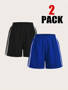 Muchica 2pcs Women Elastic Waist Striped Shorts Set