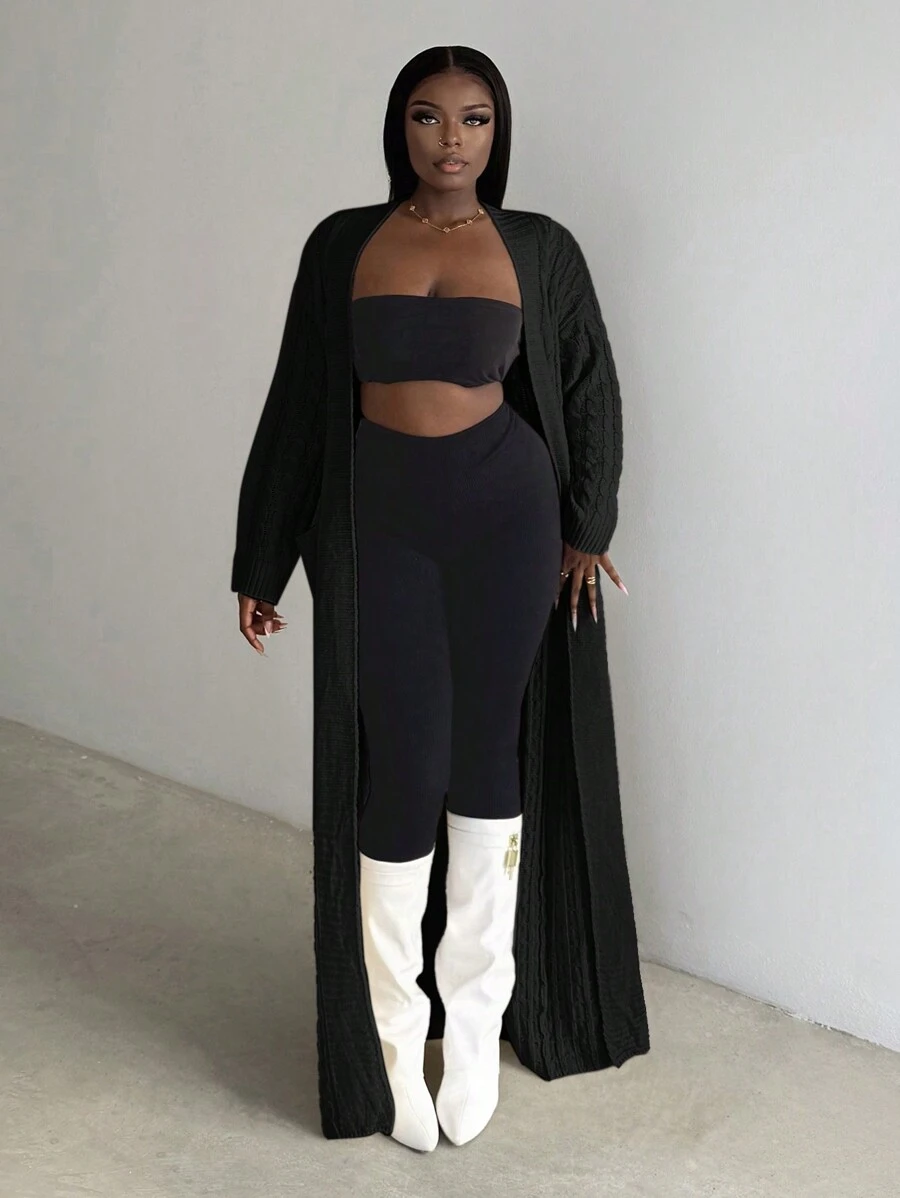 Slaydiva Casual Cream Long Sleeve Long Length Knitted Open Cardigan In Fall/Winter - Black - View 1