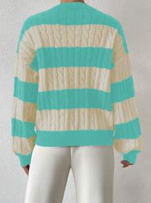 Chiquease Women Casual Two-Tone Striped V-Neck Loose Fit Cable Knit Pullover Sweater Knit Pullover Fall Winter Outfit