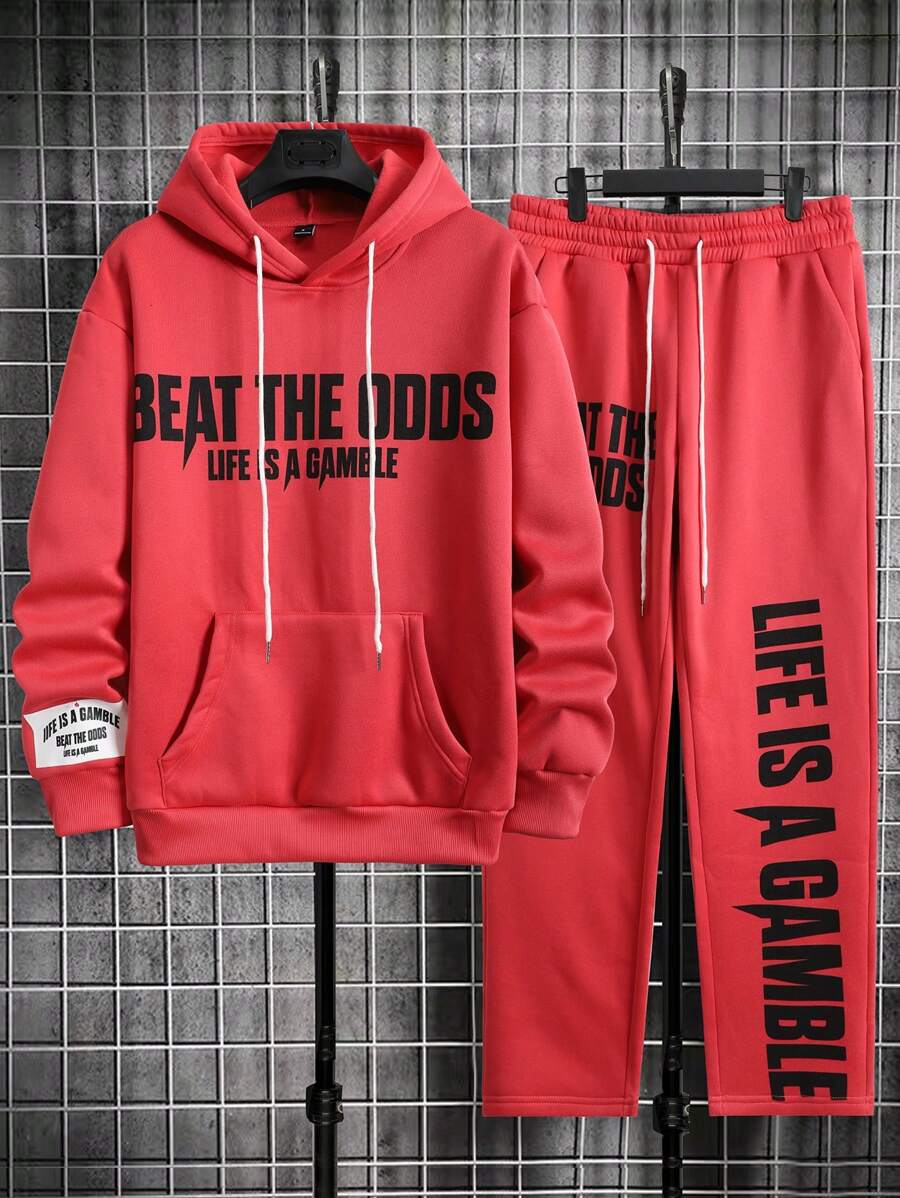 Manfinity Homme Men Casual Letter Print Hooded Long Sleeve Sweatshirt With Drawstring Sweatpants Set - Hot Pink - View 1