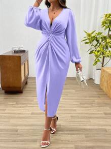 Celure Plus Size Vrouwen Effen Kleur V-hals Lantaarn Mouw Twist Taille Split Zoom Elegante Jurk, Herfst Maxi Vrouwen Outfit