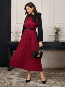 Mulvari Đầm dài thanh lịch bằng vải nhung kẻ xếp li màu đỏ tía dành cho nữ - Đỏ - Xem 4