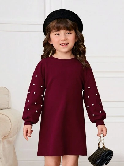SHEIN Young Girl Casual Versatile Soft Knit Beaded Decor Round Neck Drop Shoulder Long Sleeve Dress