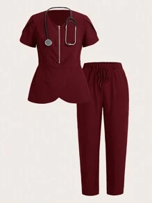 TaskEZ Burgundy Red Short-Sleeved Top And Pants Scrub Uniform Sets