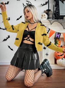 Chiquease Women Casual Bat Graphic Front Open Cardigan Sweater For Halloween Party And Daily Wear, Autumn/Winter Fall Cloth For Women - Yellow - View 5