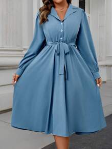 Celure Plus Size Women's Spring/Summer Long Sleeve Button Half Placket Casual Dress - Blue - View 3