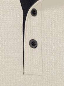 Manfinity Homme Men's Casual Solid Color Waffle Raglan Half-Button T-Shirt, Spring And Autumn, For Fall, Long Sleeve Top - Apricot - View 5