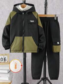 SHEIN Tween Boys Outdoor Patchwork Print Thermal Lined Set For Autumn/Winter - Black - View 6