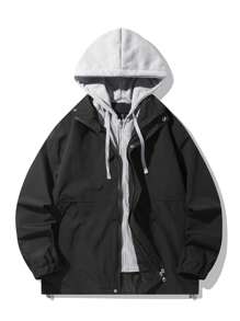 Manfinity Homme 1 st Män Enfärgad Patchwork Front Dragkedja Långärmad Huvjacka, Minimalistisk Casual - Svart - Visa 5