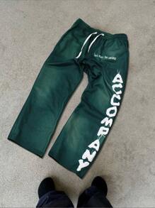 Manfinity EMRG Men's Letter Print Pockets Drawstring Waist Loose Fit Casual Sweatpants - Green - View 1