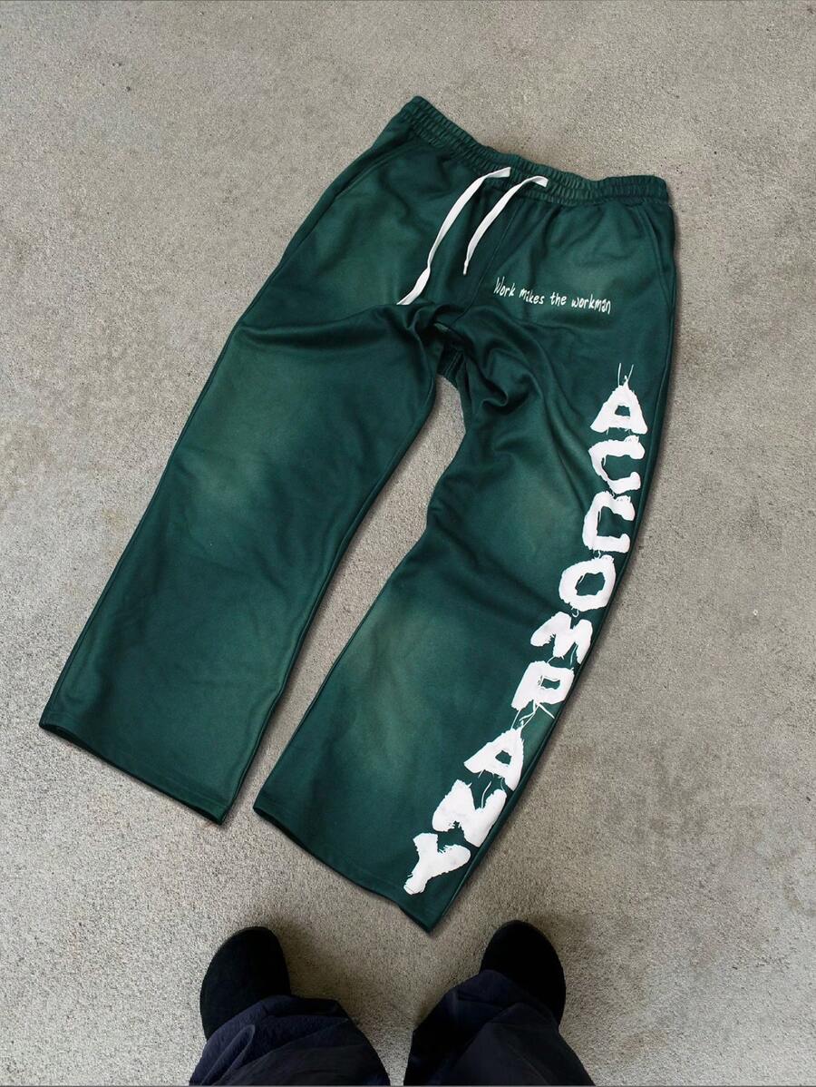 Manfinity EMRG Men's Letter Print Pockets Drawstring Waist Loose Fit Casual Sweatpants - Green - View 1