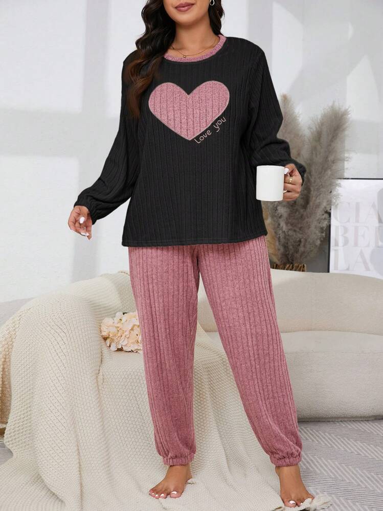 Plus Size Women Knitted Ribbed Heart Embroidery Casual Crew Neck, Autumn/Winter, Outfits Cozy And Elegant Details, Fall Clothes - Multicolor - View 6