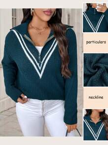 Calvaya Plus Size Women's Casual Striped Half-Zip Drop Shoulder Long Sleeve Sweater Knit Pullover Fall Winter Outfit