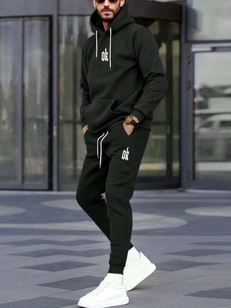 SHEIN Manfinity Homme 2pcs Men Letter Print Drawstring Hoodie Sweatshirt & Sweatpants Set, Casual For Autumn - Black - View 1