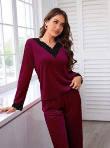 Women Elegant Pink Velvet Lace Trim Long Sleeve 2pcs Comfortable Lounge Set, Mommy And Me Matching Outfits (3 Sets Sold Separately) - Burgundy - View 5
