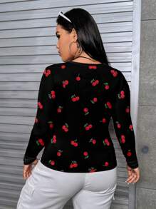 SHEIN EZwear Casual Minimalist Full Print Cherry Pattern Plus Size Women Tight-Fitting T-Shirt, Spring/Autumn