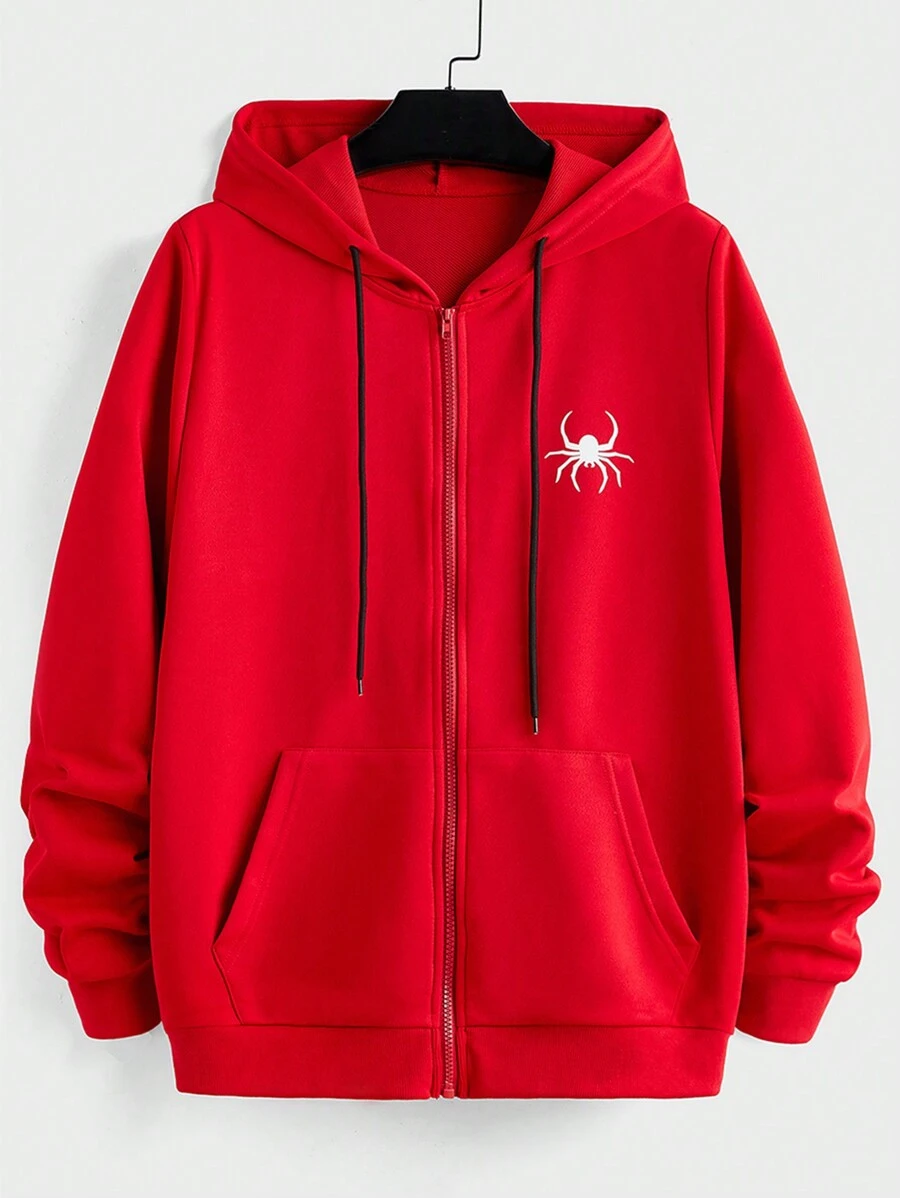 Manfinity Homme Men's Casual Spider Print Zip Up Drawstring Hooded Sweatshirt, Autumn - Red - View 1