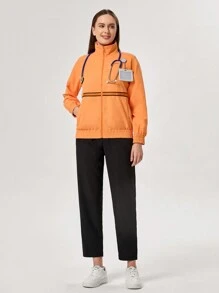 TaskEZ Chaqueta de uniforme para enfermería con cremallera, impresión de rayas y bolsillo, manga larga - Naranja Coral - Ver 3