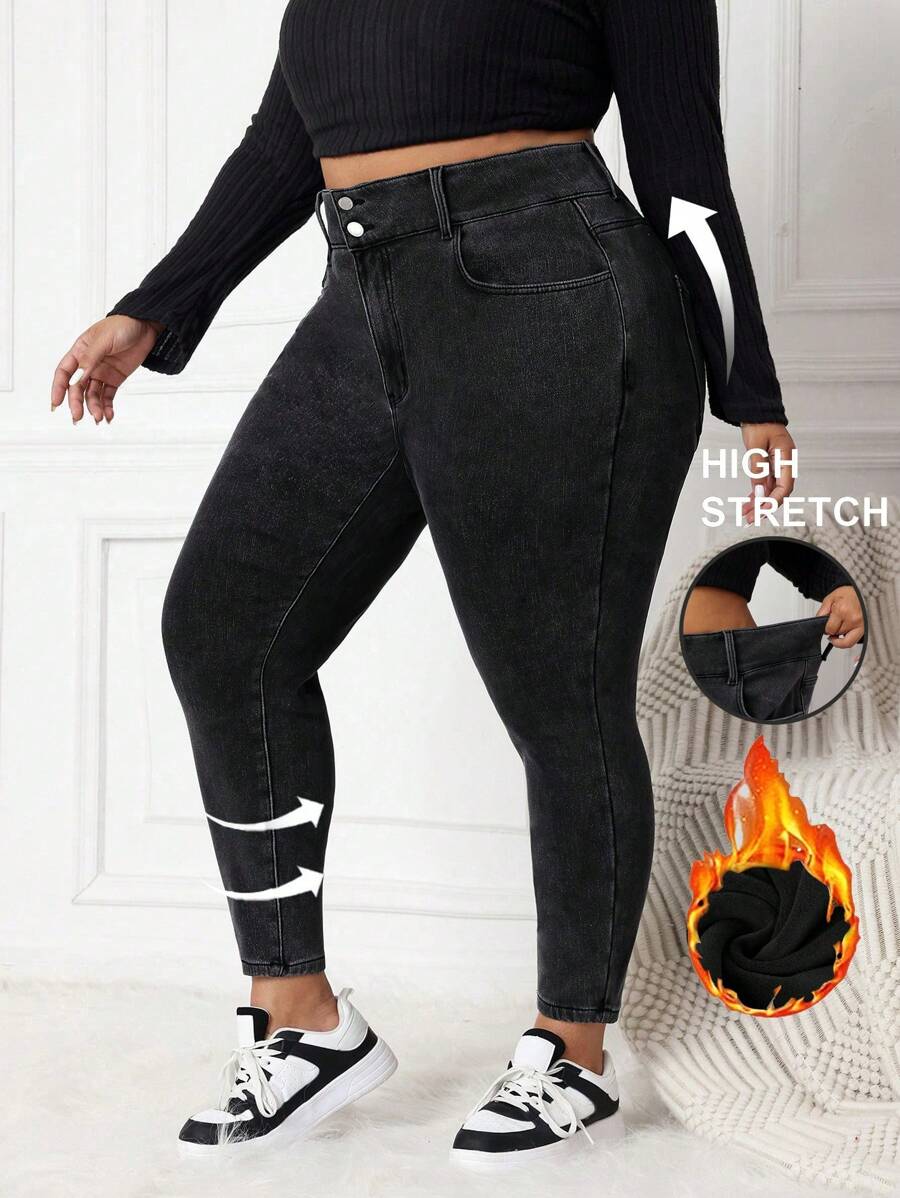 SHEIN CURVE+ 黑色大码牛仔裤 休闲弹力长裤 大码 内衬 保暖性佳 保暖牛仔布