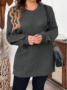 Calvaya Plus Size Solid Color Crew Neck Casual Pullover Long Sleeve Sweater, For Winter Knit Pullover Fall Outfit - Dark Grey - View 5