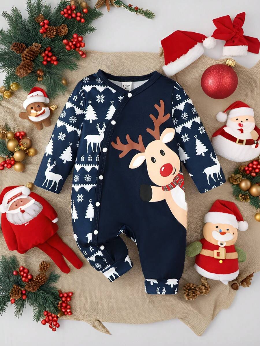 男婴可爱圣诞鹿印花圆领长袖连体裤，秋冬季休闲 - 藏蓝色 - 查看 1