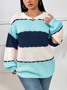 Elenzga Áo len rộng cổ tròn thả vai màu sắc thường ngày cỡ lớn, thu/đông - Màu xanh hải quân - Xem 5