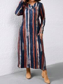 Plus Size V-Neck Button Front Color Block Fitted Casual Dress For Women