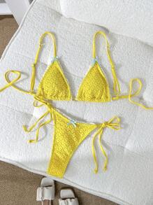 SHEIN Swim Women's Sweet Bow Lace Pearl Strap Yellow Bikini Swimwear For Summer Beach Vacation - Yellow - View 1