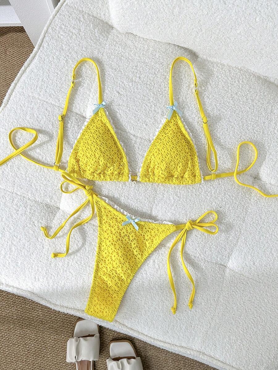 SHEIN Swim Women's Sweet Bow Lace Pearl Strap Yellow Bikini Swimwear For Summer Beach Vacation - Yellow - View 1