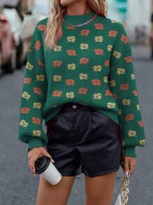 Chiquease 高领长袖毛衣，饰有图案细节，休闲日常针织套头衫，秋冬季款 - 軍綠色 - 查看 5