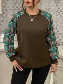 SHEIN LUNE Plus Size Women's Plaid Patchwork Raglan Sleeve Casual Sweatshirt, Spring Autumn Pullover Fall - Multicolor - View 6