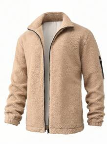 Manfinity Homme 男士纯色拉链口袋长袖夹克，秋冬 - 卡其色 - 查看 6