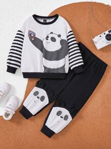 We Bare Bears X SHEIN 2pcs/Set Young Girl Cartoon Selfie Bear Print Striped Sleeve White Casual Round Neck Sweatshirt And Black Cute Casual Pants - Black and White - View 1