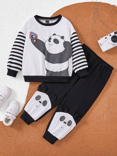 We Bare Bears X SHEIN 2pcs/Set Young Girl Cartoon Selfie Bear Print Striped Sleeve White Casual Round Neck Sweatshirt And Black Cute Casual Pants