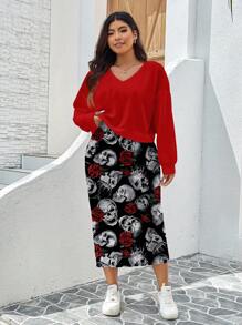 SHEIN LUNE Đầm nỉ thường ngày họa tiết đầu lâu và hoa hồng cỡ lớn dành cho nữ, mùa thu/đông - Đỏ - Xem 3