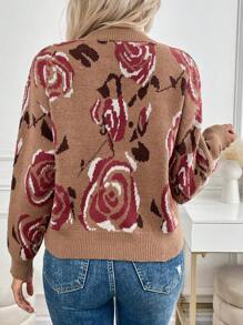 SHEIN LUNE 玫瑰印花圆领休闲提花针织长袖套头衫