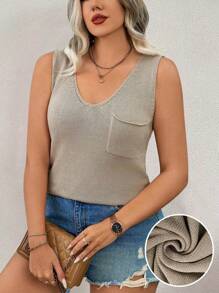 Calvaya Blusa de punto de unicolor sin mangas de talla grande para verano - Caqui - Ver 1