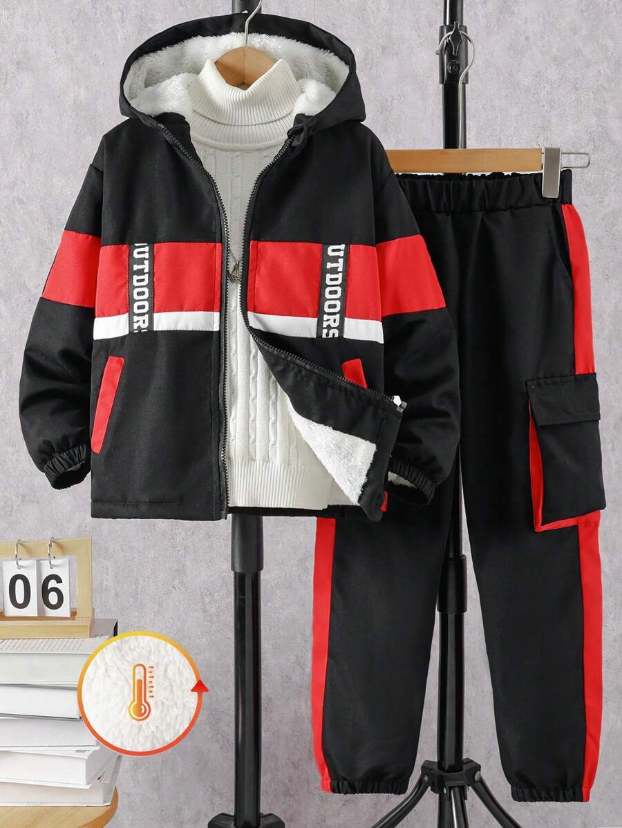 SHEIN Boys' Christmas Tracksuit Set With Ribbon Splicing Casual Commuting Long Pants - Red - View 1