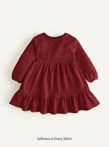 Cozy Pixies Baby Girls' Round Neck Solid Color Puff Sleeve Waisted Ruffle Hem Dress