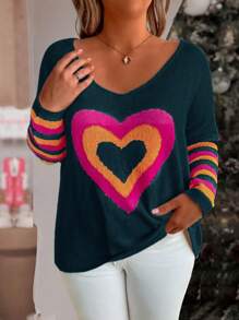 Calvaya Damen Große Größen V-Ausschnitt Herz Muster Strick Lässig Loose Pullover Pullover, für den Winter