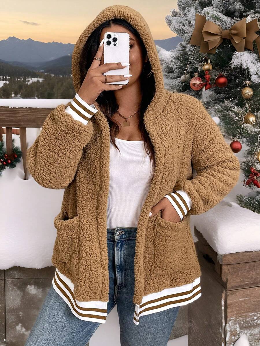 SHEIN LUNE Plus Size Women Christmas Plush, Casual Khaki Solid Color Zipper Front Long Sleeve Ribbed Splice Pocket Hooded Jacket, Christmas, Halloween, New Year, Autumn/Winter Lady Wear - Khaki - View 1