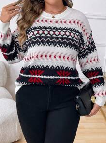 Calvaya 大码女式几何图案长袖休闲宽松套头毛衣，适合秋冬季