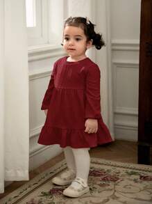 Cozy Pixies Baby Girls' Round Neck Solid Color Puff Sleeve Waisted Ruffle Hem Dress
