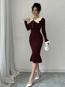 Selianne 优雅拼色荷叶边下摆美人鱼下摆毛衣裙，适合秋冬季 - 酒紅色 - 查看 5