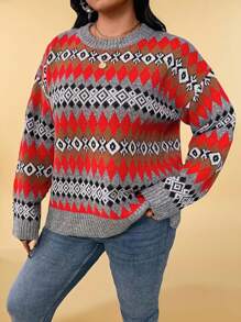 Calvaya Plus Size Women's Retro Style Crew Neck Long Sleeve Sweater Knit Pullover Fall Winter - Multicolor - View 6