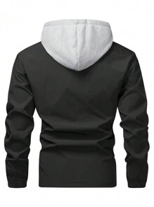 Manfinity Homme 1 st Män Enfärgad Patchwork Front Dragkedja Långärmad Huvjacka, Minimalistisk Casual - Svart - Visa 2