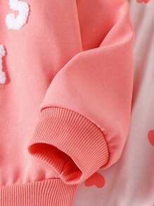 Young Girl Pink & Orange Classic Long Sleeve Sweatshirt With "DADDYS MINI" Embroidered Towel Fabric, Knitted Heart Print Pants, Comfortable Autumn Outfit