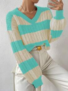 Chiquease Women Casual Two-Tone Striped V-Neck Loose Fit Cable Knit Pullover Sweater Knit Pullover Fall Winter Outfit